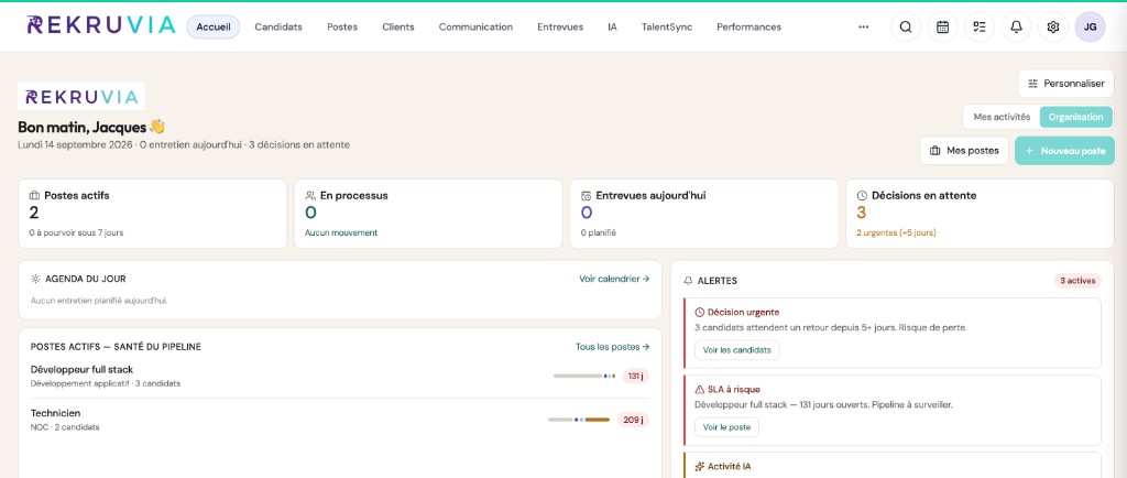 Rekruvia — page d'accueil, indicateurs et pipeline